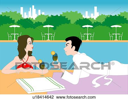 Couple with drinks near the swimming pool. View Large Illustration Drawing - Couple with drinks near the swimming pool.. Fotosearch