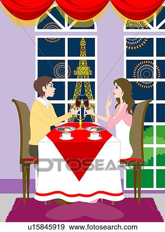 View of a couple sitting on a dining table. View Large Illustration Stock Illustration - View of a couple sitting on a dining table.. Fotosearch