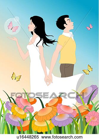 Stock Illustration - View of a couple standing in a garden.. Fotosearch