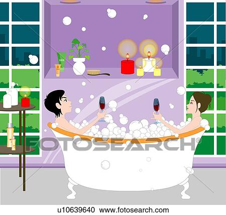 Clipart - View of a couple taking bath in a bathtub.. Fotosearch