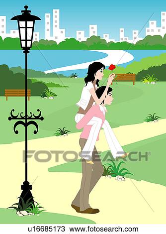 Drawing - View of a couple walking through the garden.. Fotosearch