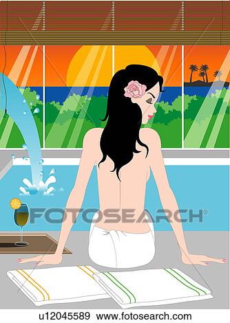 Stock Illustration - View of a topless woman sitting near a pool.. Fotosearch