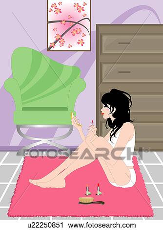 Clip Art - View of a woman applying a lipstick.. Fotosearch