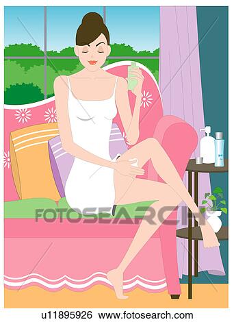 Stock Illustration - View of a woman applying cream.. Fotosearch