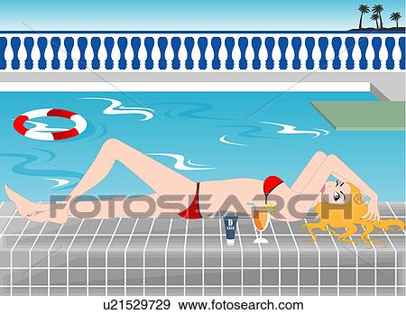 Stock Illustration - View of a woman lying near a swimming pool.. Fotosearch