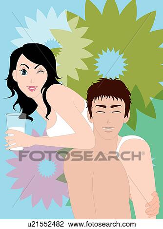Drawing - View of a woman on man’s shoulder.. Fotosearch
