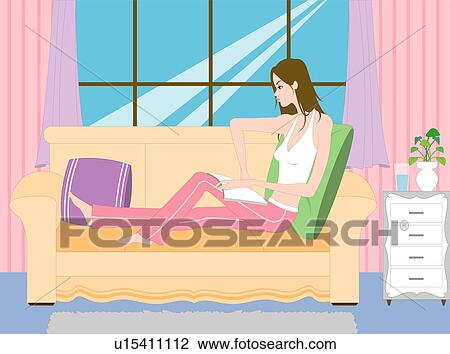 View of a woman reading a book. Drawing | u15411112 | Fotosearch