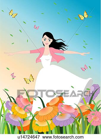 Stock Illustration - View of a woman standing in a garden.. Fotosearch
