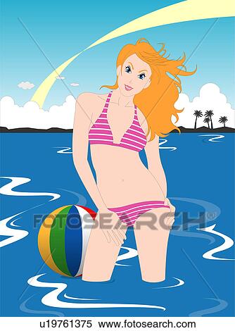Stock Illustration - View of a woman standing in the water.. Fotosearch