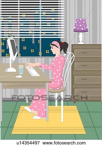 Stock Illustration - View of a woman working on a computer.. Fotosearch