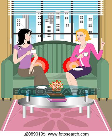 View of two women sitting on a sofa. View Large Illustration Stock Illustration - View of two women sitting on a sofa.. Fotosearch