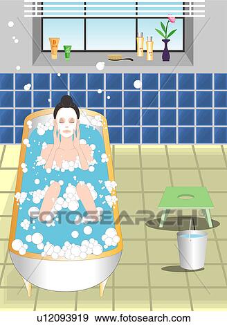 Woman bathing in a bathtub. View Large Illustration Stock Illustration - Woman bathing in a bathtub.. Fotosearch