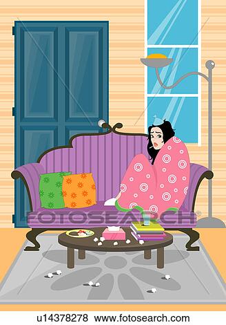 Stock Illustration - Woman covered in a quilt.. Fotosearch
