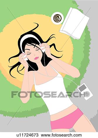 Drawing - Woman listening to music on an ipod.. Fotosearch
