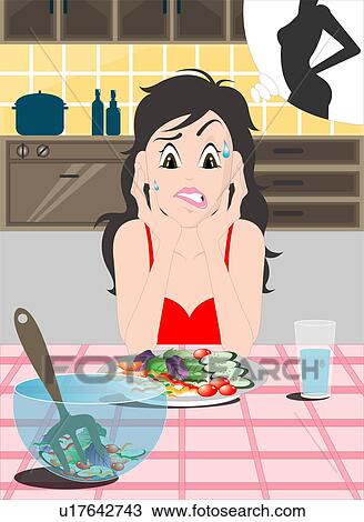 Drawing - Woman on salad diet.. Fotosearch