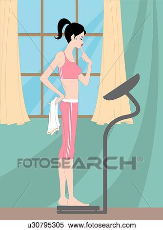 Woman standing on a weighing machine. View Large Illustration Stock Illustration - Woman standing on a weighing machine.. Fotosearch