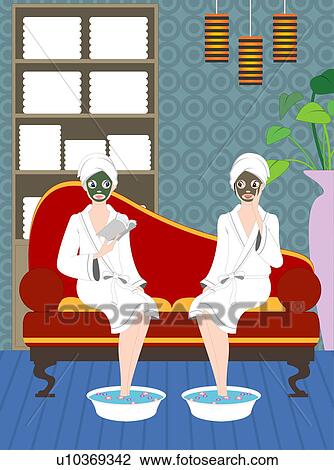 Women having a beauty treatment done. View Large Illustration Drawing - Women having a beauty treatment done.. Fotosearch