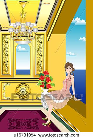 View of a woman sitting by a window. View Large Illustration Stock Illustration - View of a woman sitting by a window.. Fotosearch