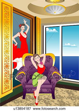 Stock Illustration - View of a woman sitting on a sofa.. Fotosearch