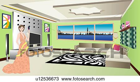 View of a woman standing in a house. View Large Illustration Drawing - View of a woman standing in a house.. Fotosearch