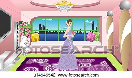 Drawing - View of a woman standing in a house.. Fotosearch
