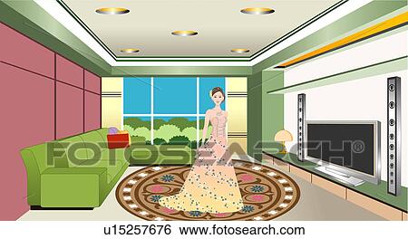 View of a woman standing in a house. View Large Illustration Stock Illustration - View of a woman standing in a house.. Fotosearch