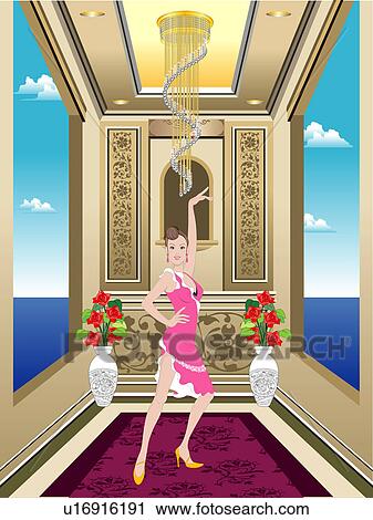 View of a woman standing in a room. View Large Illustration Clip Art - View of a woman standing in a room.. Fotosearch