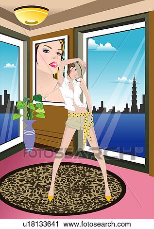 Clip Art - View of a woman standing in a room.. Fotosearch