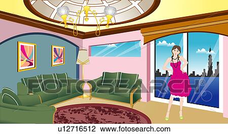 Drawing - View of a woman standing in a room.. Fotosearch