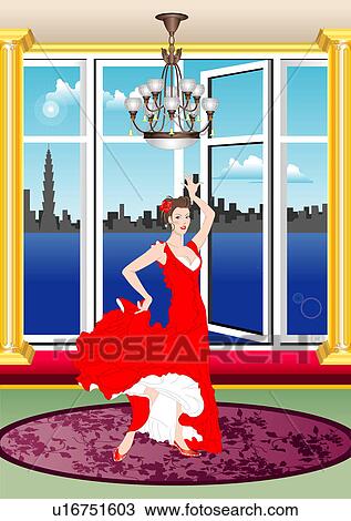 View of a woman standing in a room. View Large Illustration Drawing - View of a woman standing in a room.. Fotosearch