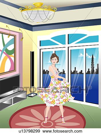 View of a woman standing in a room. View Large Illustration Stock Illustration - View of a woman standing in a room.. Fotosearch