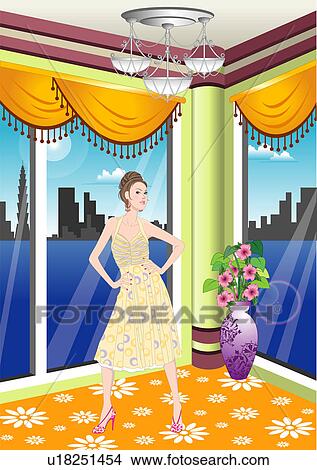 Stock Illustration - View of a woman standing in a room.. Fotosearch