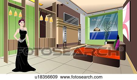 View of a woman standing in a room. View Large Illustration Stock Illustration - View of a woman standing in a room.. Fotosearch