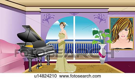 View of a woman standing near a piano. View Large Illustration Clipart - View of a woman standing near a piano.. Fotosearch