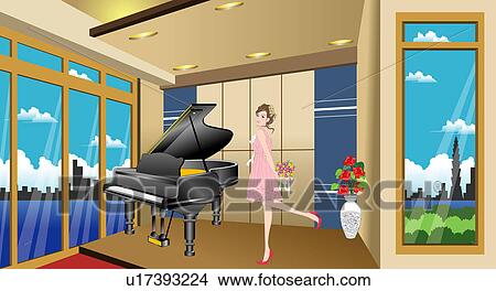 View of a woman standing near a piano. View Large Illustration Stock Illustration - View of a woman standing near a piano.. Fotosearch
