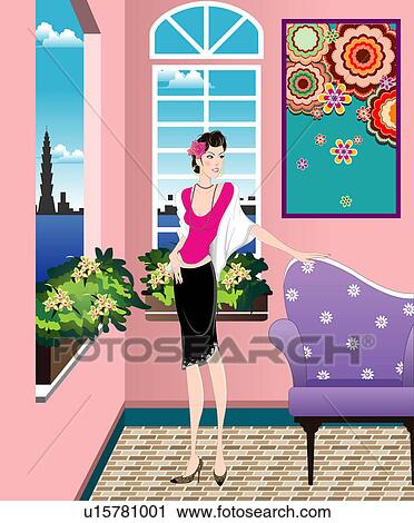 View of a woman standing near a sofa. View Large Illustration Clip Art - View of a woman standing near a sofa.. Fotosearch