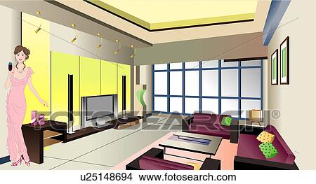 View of a woman standing near a table. View Large Illustration Stock Illustration - View of a woman standing near a table.. Fotosearch