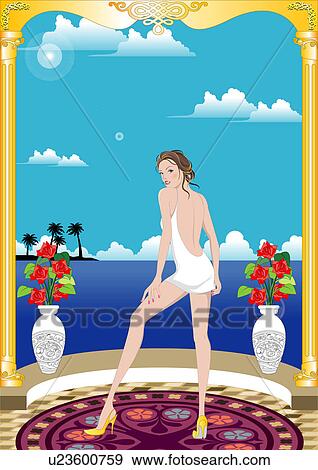 View of a woman standing near flower vases. View Large Illustration Stock Illustration - View of a woman standing near flower vases.. Fotosearch