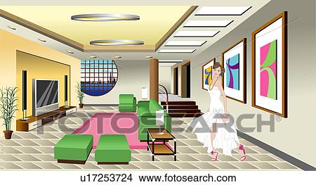 Stock Illustration - View of a woman standing near paintings.. Fotosearch
