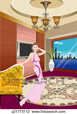 View of woman standing in a room. View Large Illustration Drawing - View of woman standing in a room.. Fotosearch