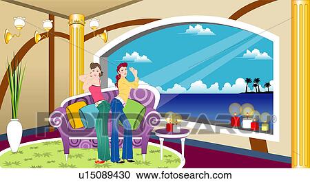 Clipart - View of women standing near sofa.. Fotosearch