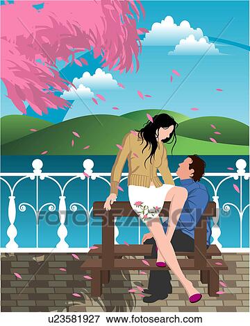 View of a couple sitting on a bench. View Large Illustration Stock Illustration - View of a couple sitting on a bench.. Fotosearch