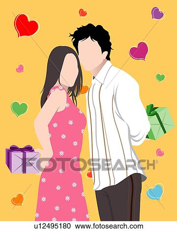Clipart - View of a couple standing with gifts.. Fotosearch