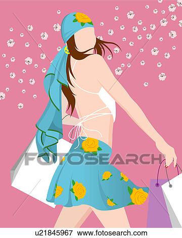Stock Illustration - View of a woman carrying bags.. Fotosearch