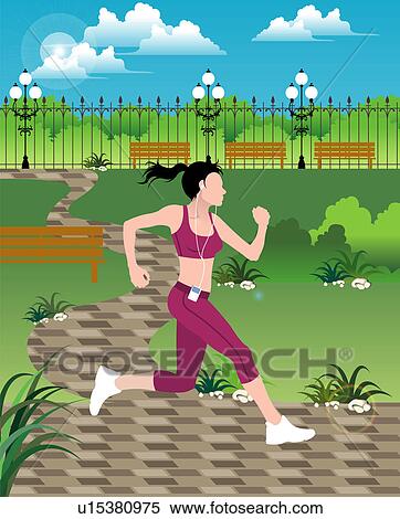 View of a woman jogging in a garden. View Large Illustration Stock Illustration - View of a woman jogging in a garden.. Fotosearch