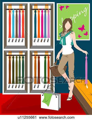 View of a woman shopping. View Large Illustration Clip Art - View of a woman shopping.. Fotosearch