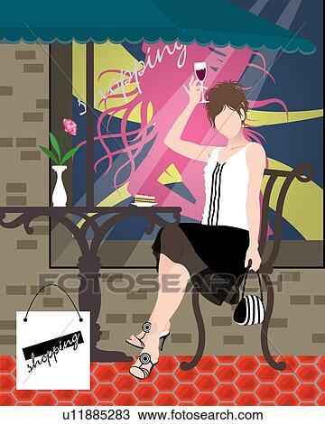 Drawing - View of a woman sitting in a restaurant.. Fotosearch