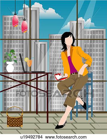 View of a woman sitting on a chair. View Large Illustration Stock Illustration - View of a woman sitting on a chair.. Fotosearch
