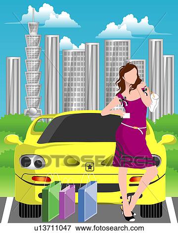 View of a woman standing near a car. View Large Illustration Stock Illustration - View of a woman standing near a car.. Fotosearch