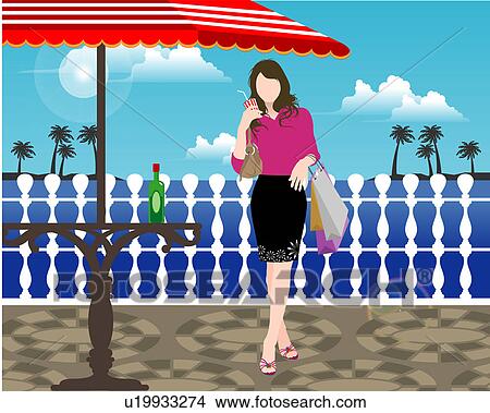 Stock Illustration - View of a woman standing near railing.. Fotosearch